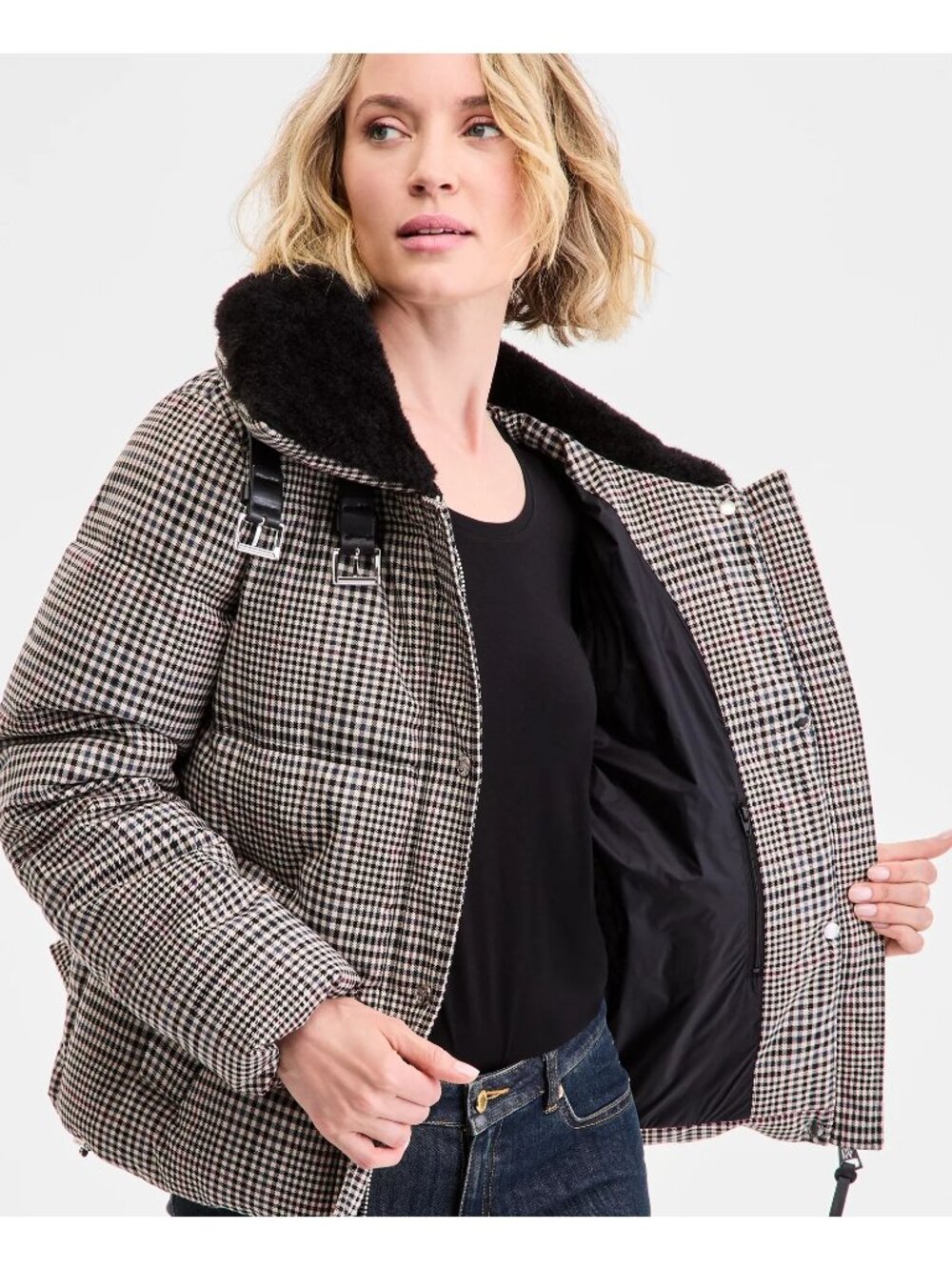 NWT DKNY Faux Fur Collar Zip Front Puffer Coat Heritage Plaid Womens Size Large - Picture 3 of 11